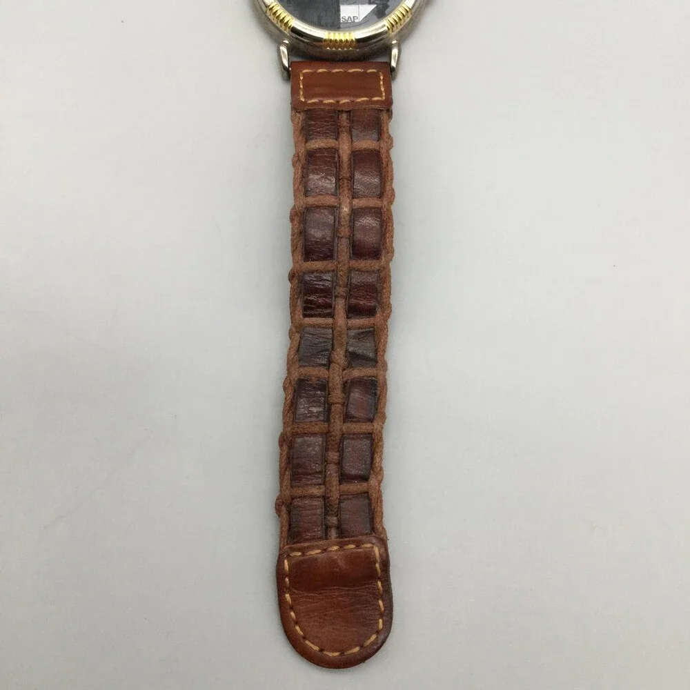 SAP Mens Watch 33mm Black SAP Logo Dial Brown Leather Strap Two Tone New Battery